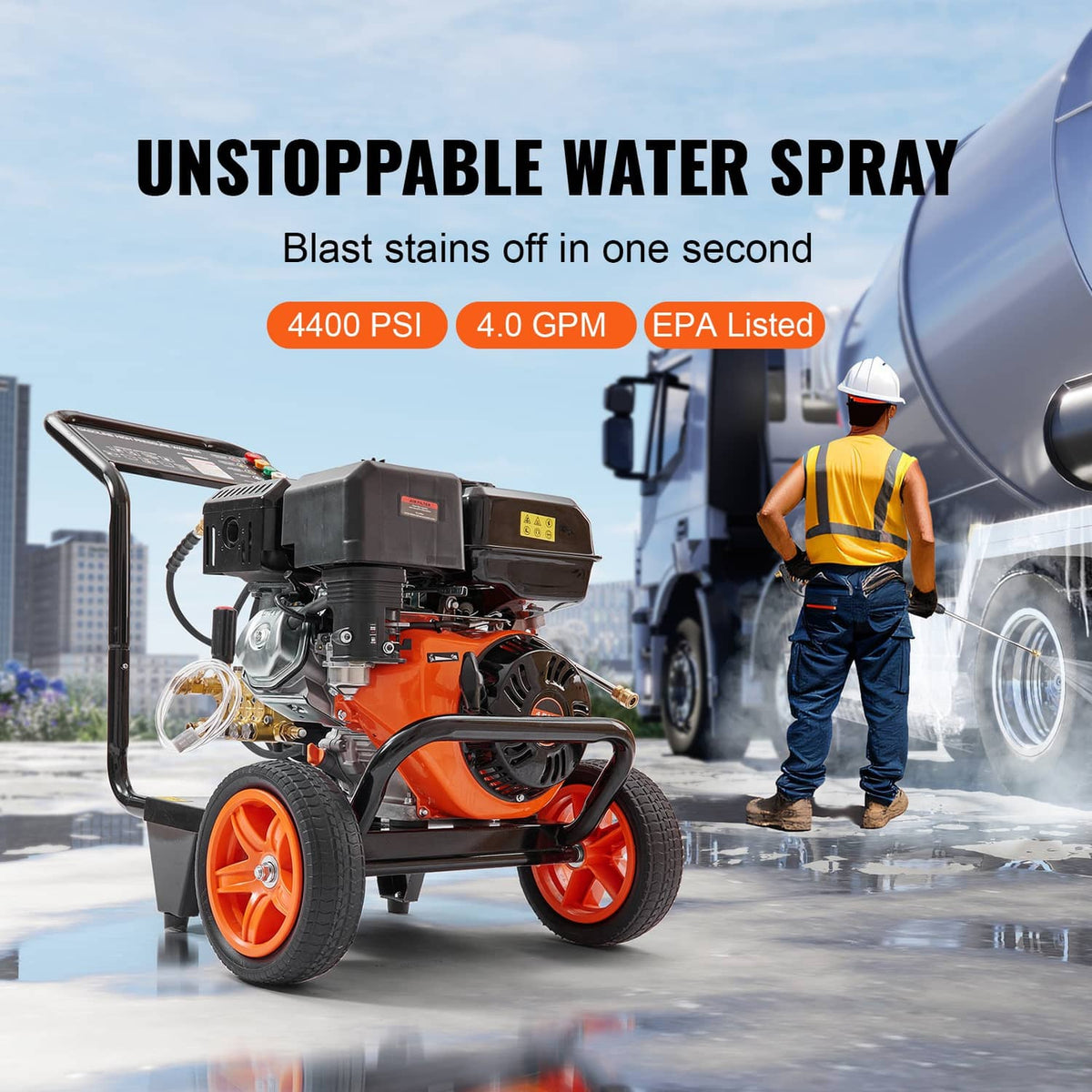 Gas pressure washer spraying water on pavement with worker beside it