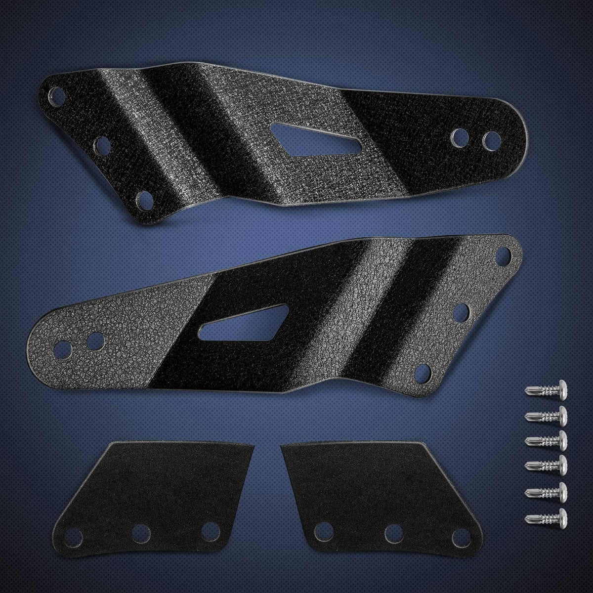 Two curved black LED light bar brackets with screws and mounting holes