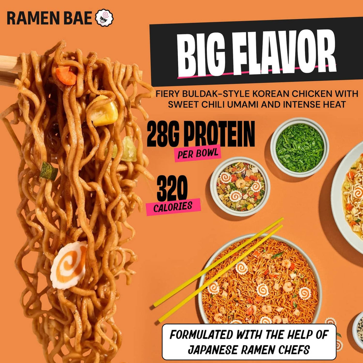 Protein ramen noodles close-up with product pack and serving bowl graphics