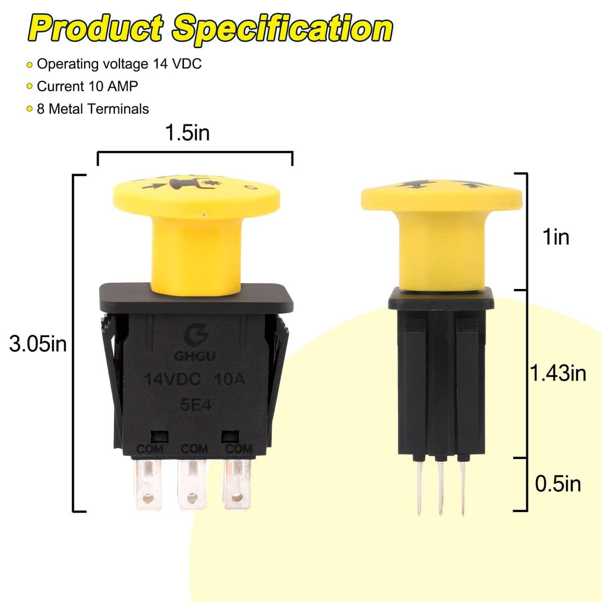 PTO switch replacement with yellow actuator, black housing, and metal pin terminals