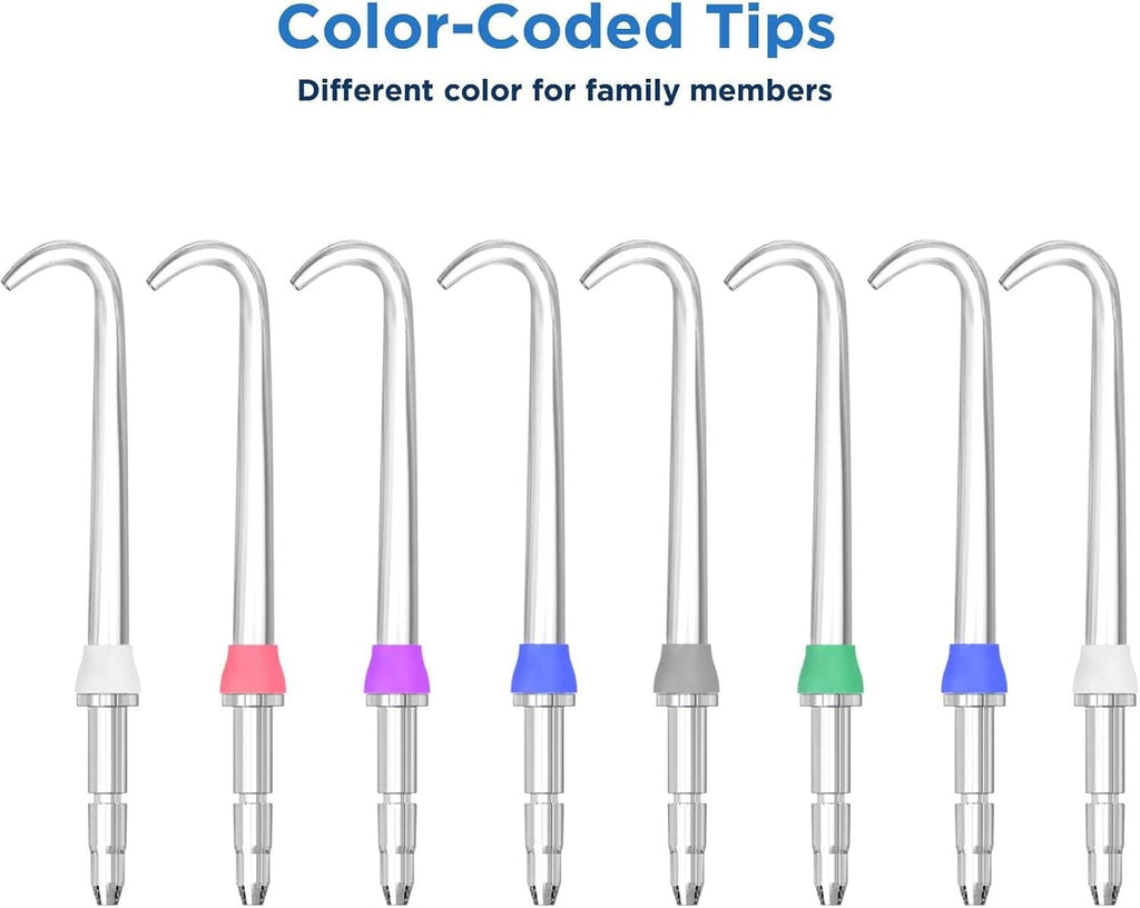 Row of replacement water flosser tips with different colored base caps