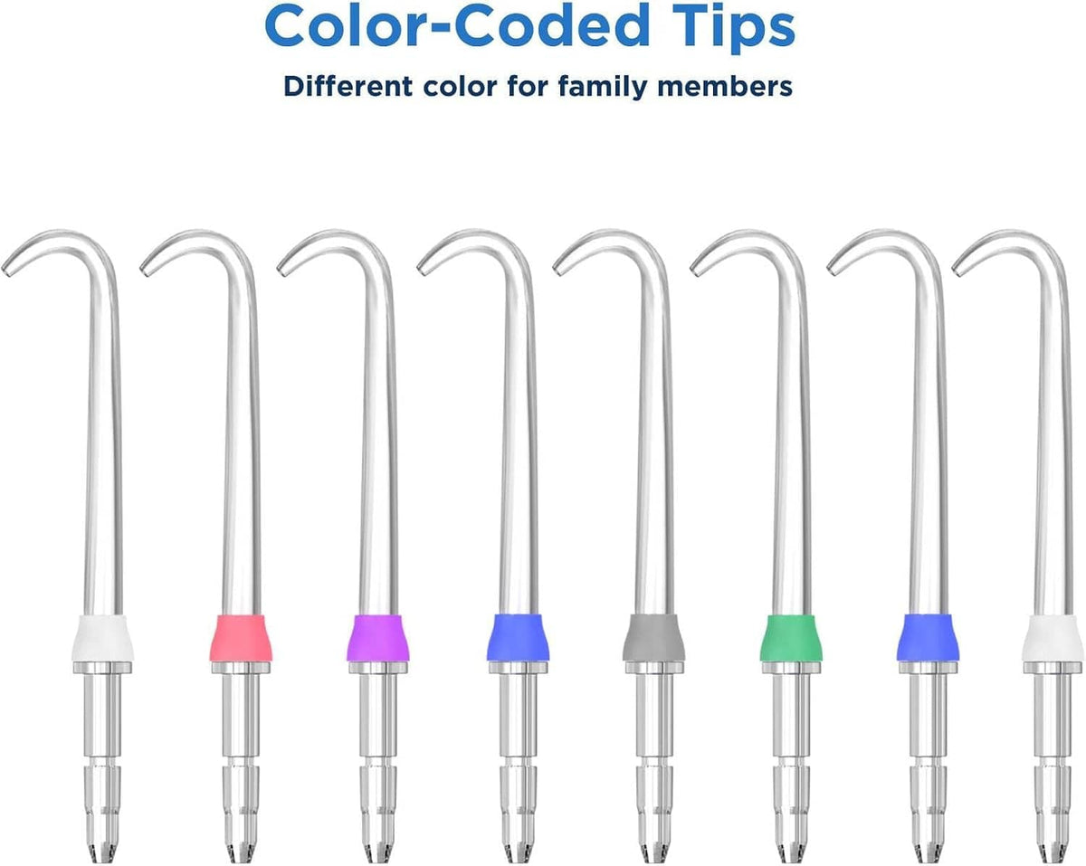 Row of replacement water flosser tips with different colored base caps