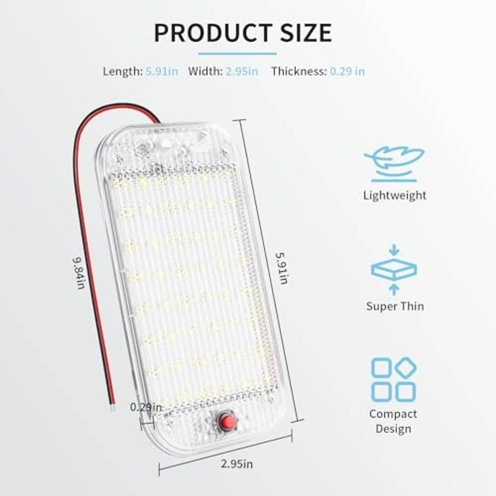 Compact RV dome light dimensions diagram with clear lens and red switch