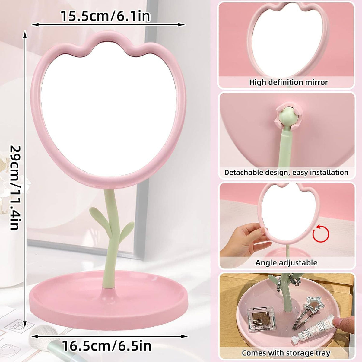 Pink flower-shaped vanity mirror with adjustable angle stand and storage tray