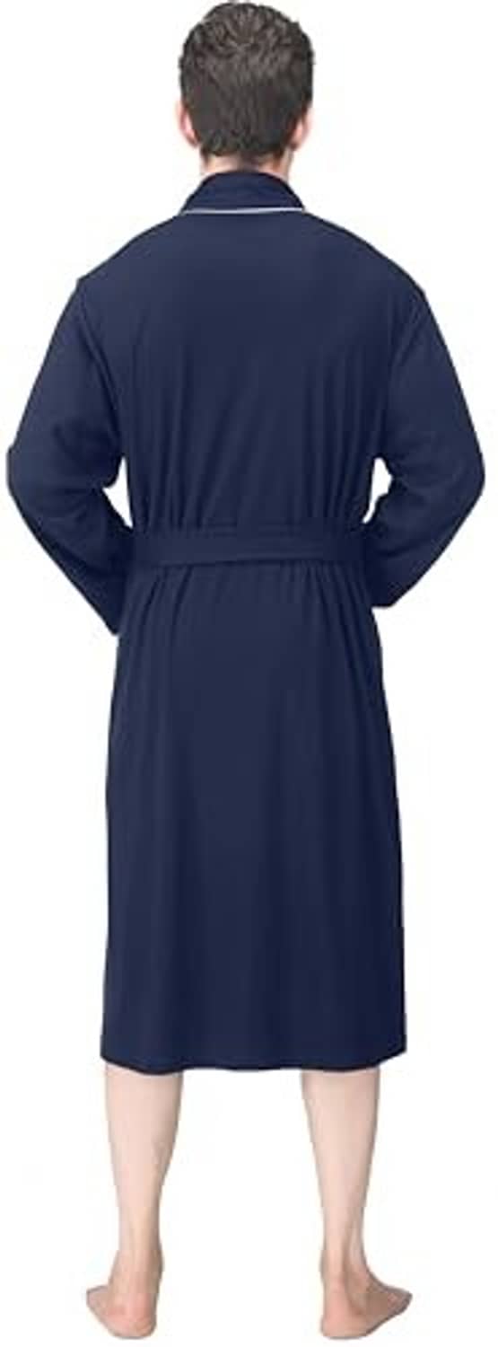 Men’s navy knit bathrobe viewed from back, with attached belt and contrast trim.