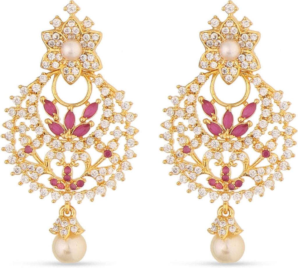 Gold-plated brass CZ embellished floral drop earrings with pink accents and pearl drops