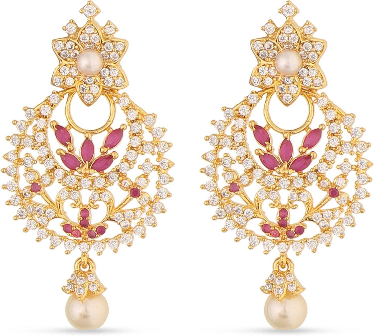 Gold-plated brass CZ embellished floral drop earrings with pink accents and pearl drops