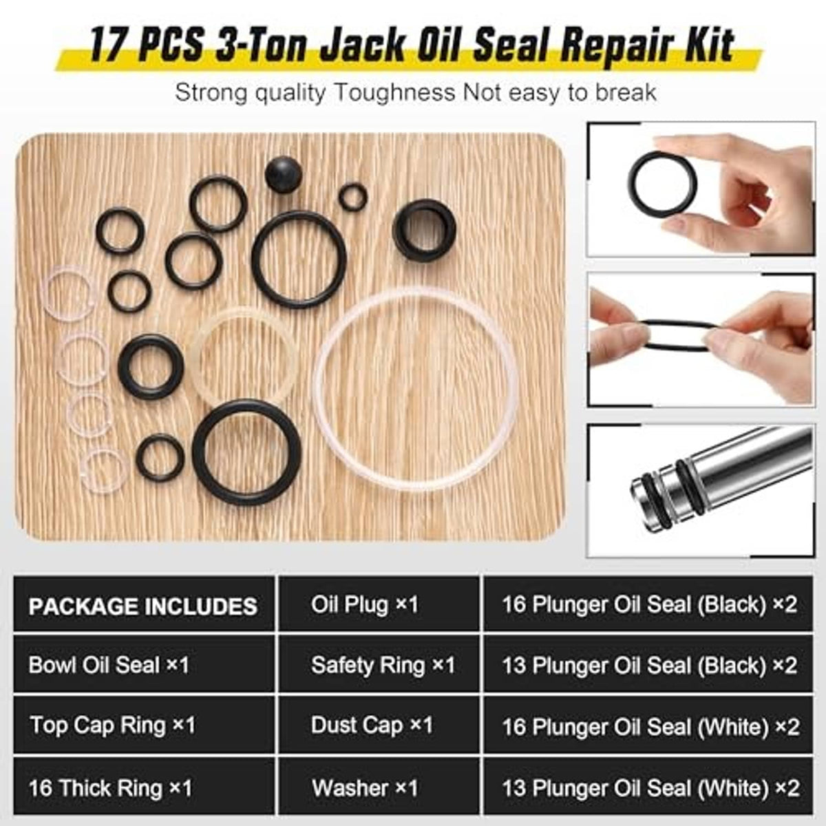 17-piece hydraulic floor jack oil seal repair kit with O-rings and plunger seals