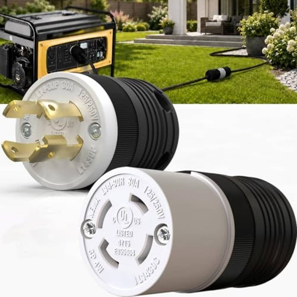 Twist-lock plug and connector pair, white fronts, gold contacts, black ribbed housings