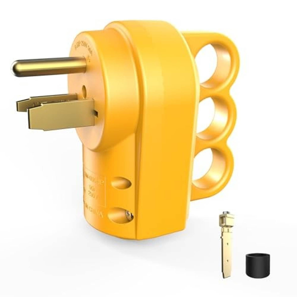 Yellow NEMA 6-50P welder replacement plug, prongs angled outward