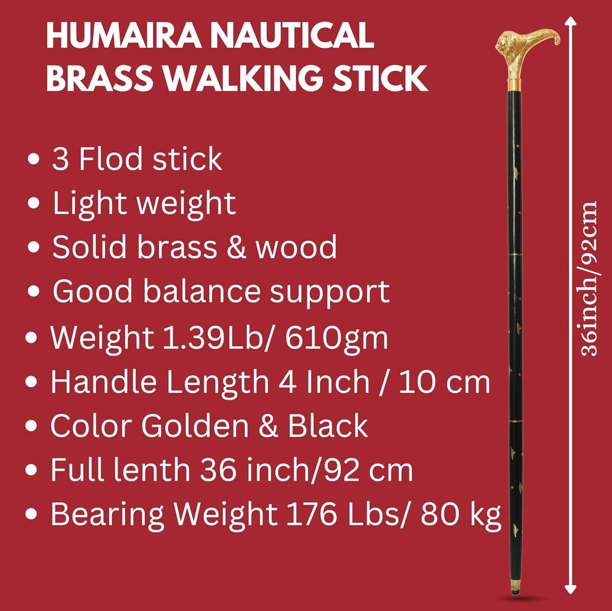 Brass walking stick with lion-head top, black shaft, gold accents and gold band