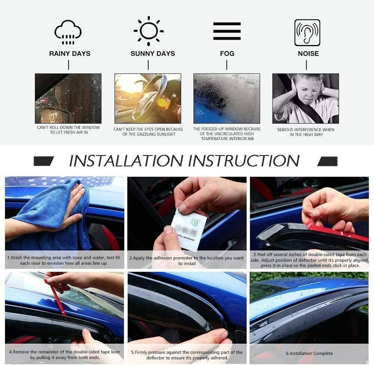 Window visor installation instruction guide for adhesive vent rain guards
