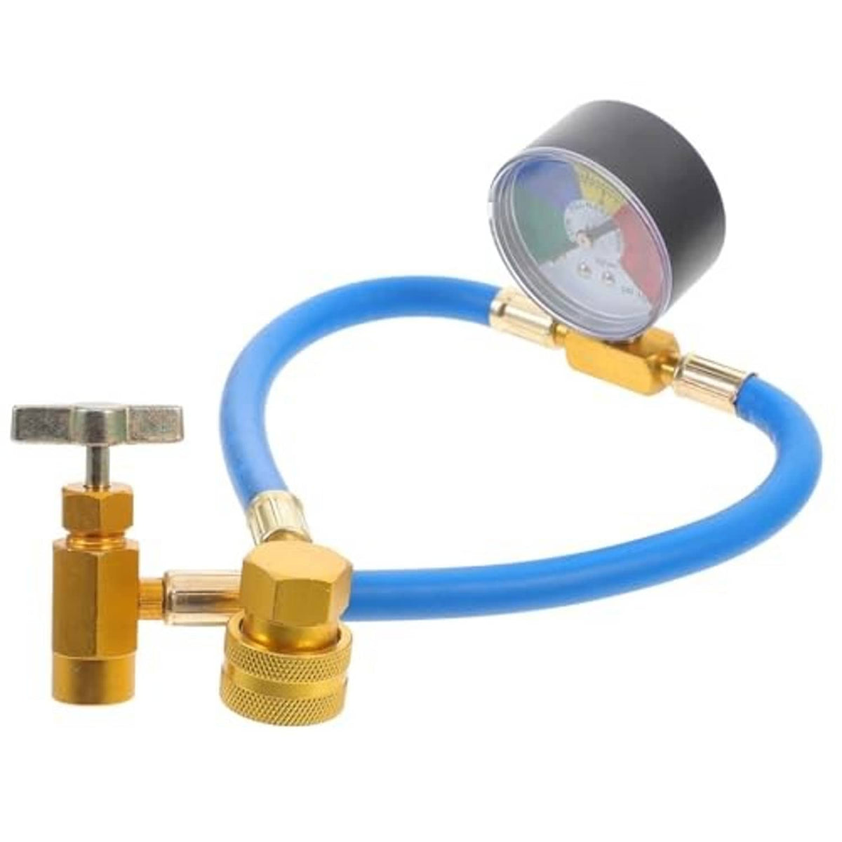 A/C charging hose with pressure gauge, blue tubing, and brass shutoff valve