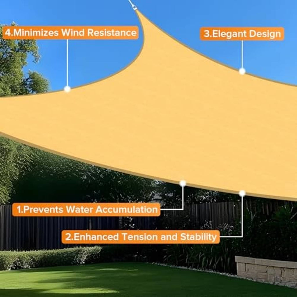 Sand rectangle shade sail with taut edges over a backyard lawn and fence