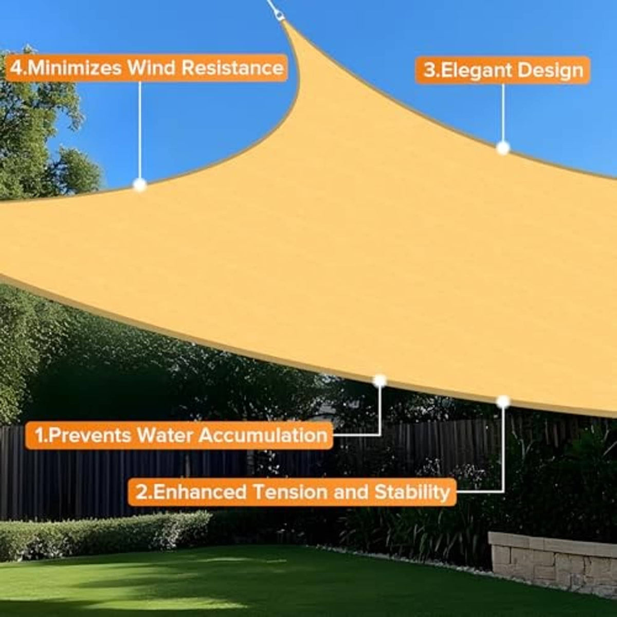 Sand rectangle shade sail with taut edges over a backyard lawn and fence