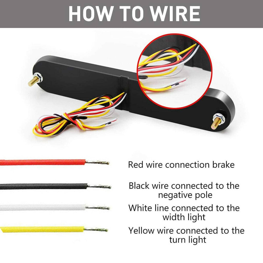 LED light bar with colored wires for connection, black body and metal mounting tabs