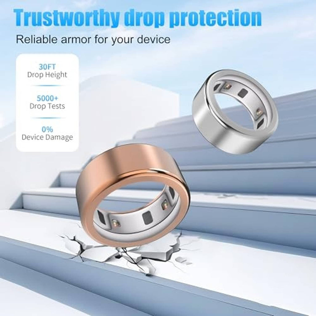 Ring case covers in silver and rose gold with open inner window on stair steps.