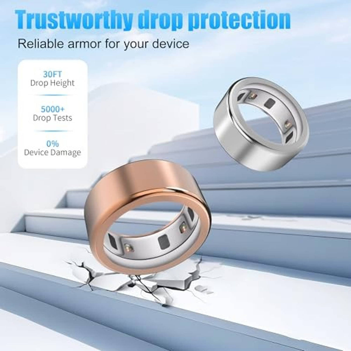 Ring case covers in silver and rose gold with open inner window on stair steps.