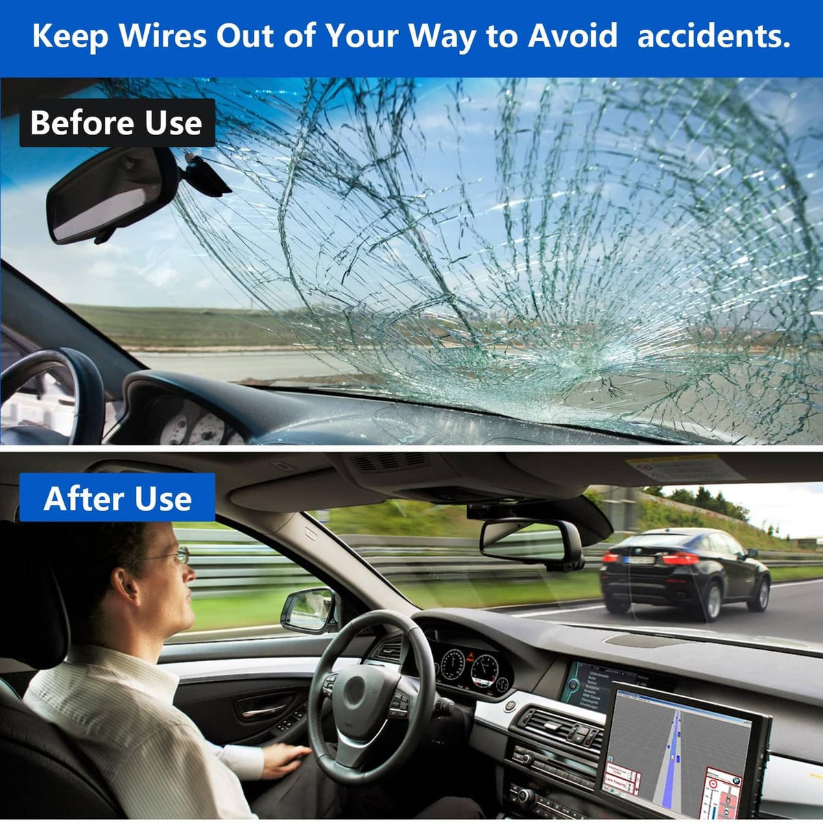 Black wire cover strip mounted along the car windshield area