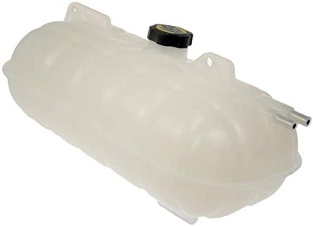 Translucent engine coolant reservoir tank with black cap and right-side outlet fitting