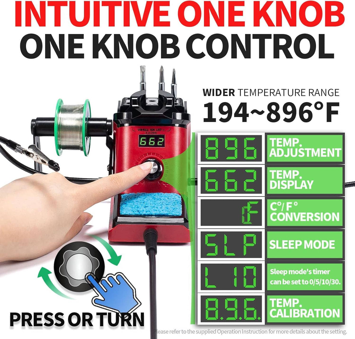 Digital soldering station with LED temperature display showing numeric readings