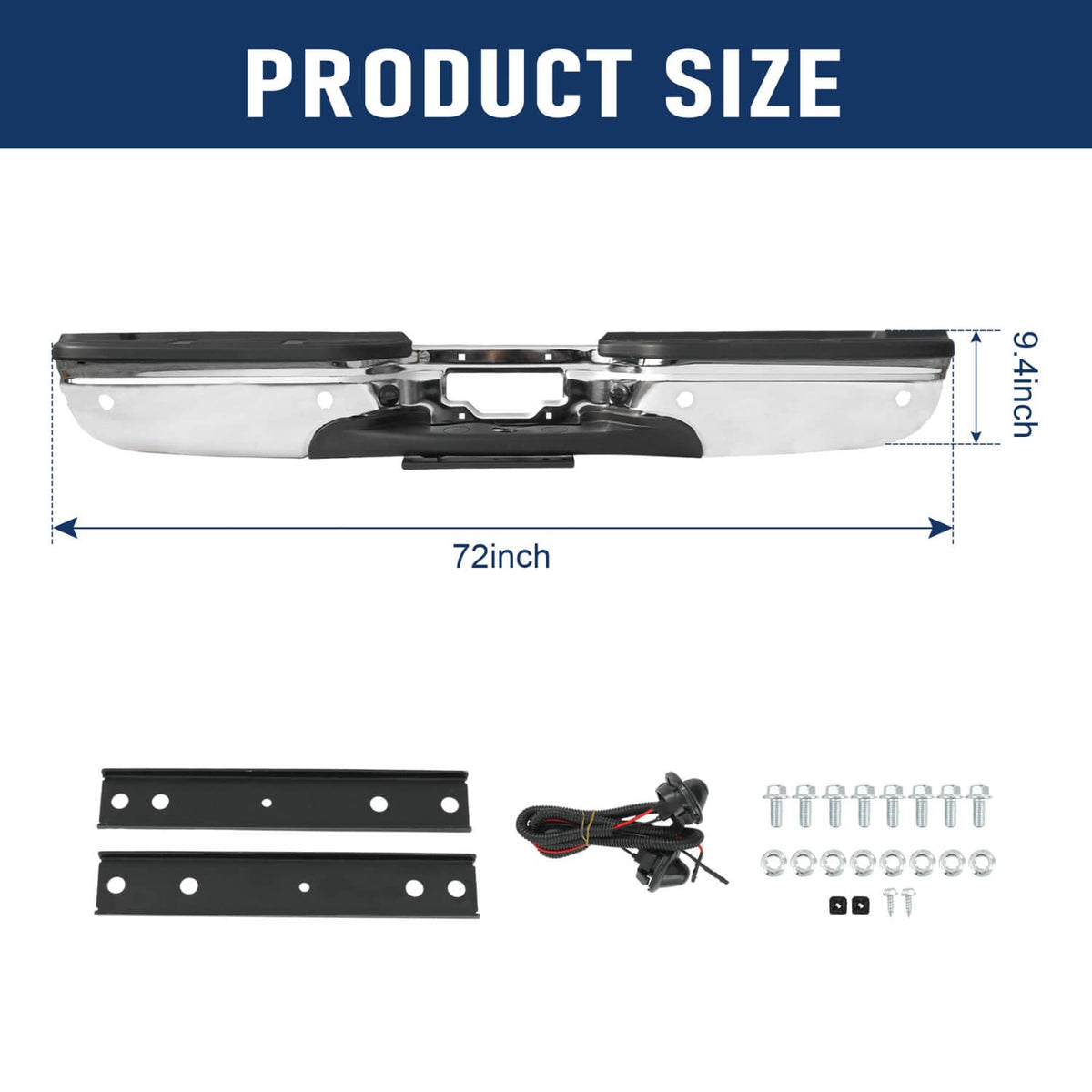 72-inch chrome rear step bumper with black ABS step cover and included mounting hardware