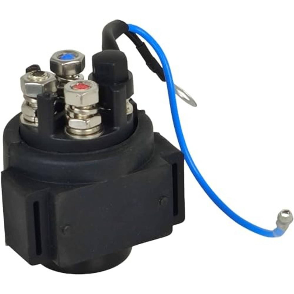 Black power relay with blue wire, metal terminal blocks, and ring lug on cable