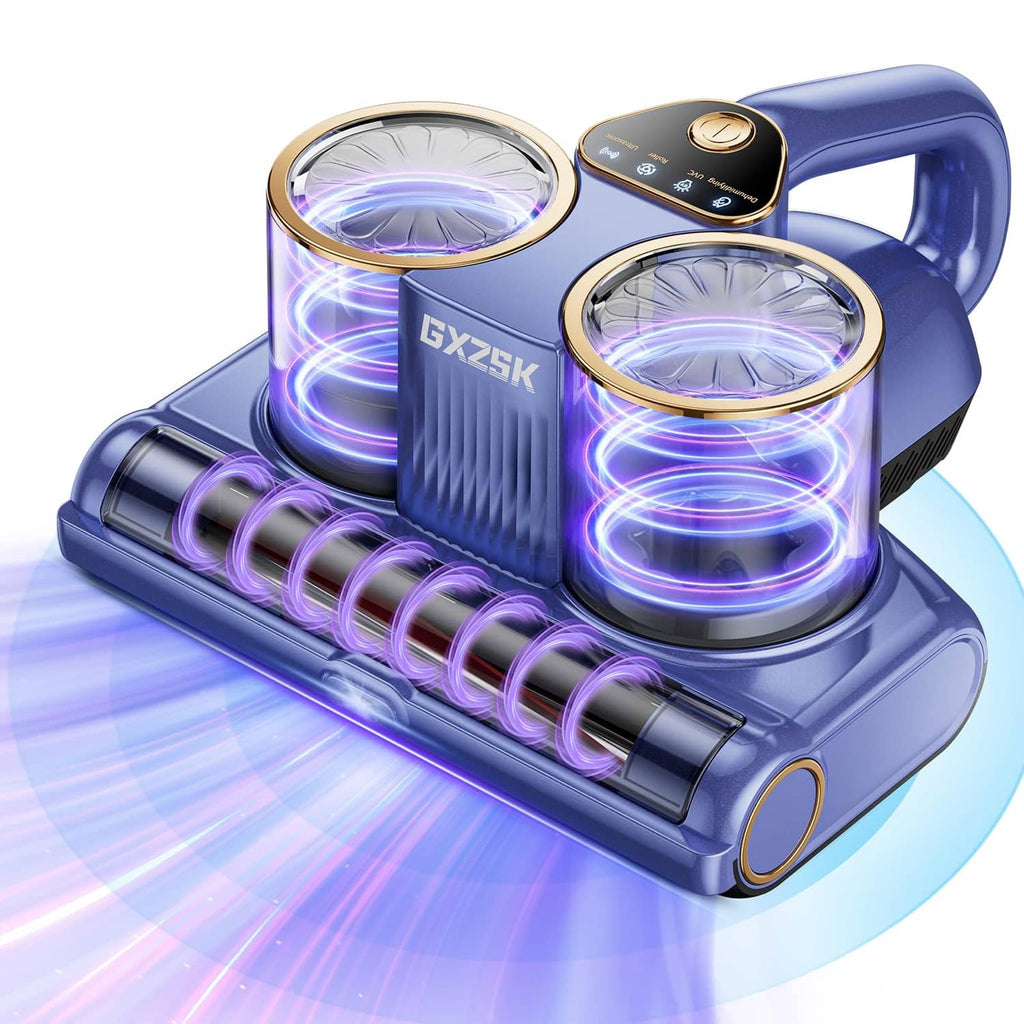 Blue mattress vacuum cleaner with dual cylindrical dust cups and LED ring lights