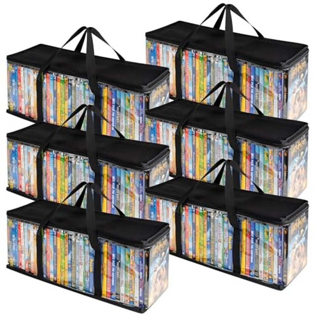6-pack DVD storage bags with clear PVC panels and black handle tops
