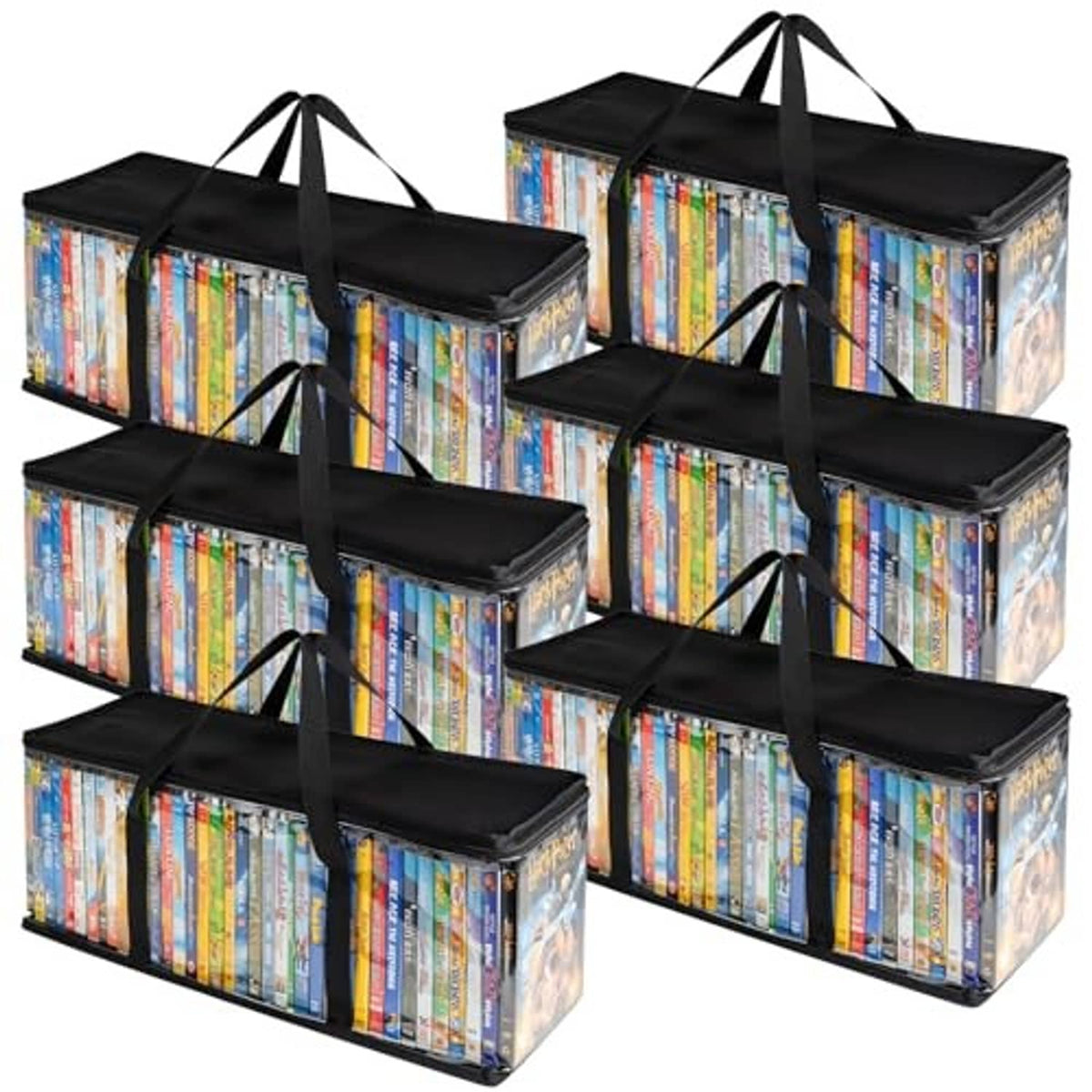 6-pack DVD storage bags with clear PVC panels and black handle tops