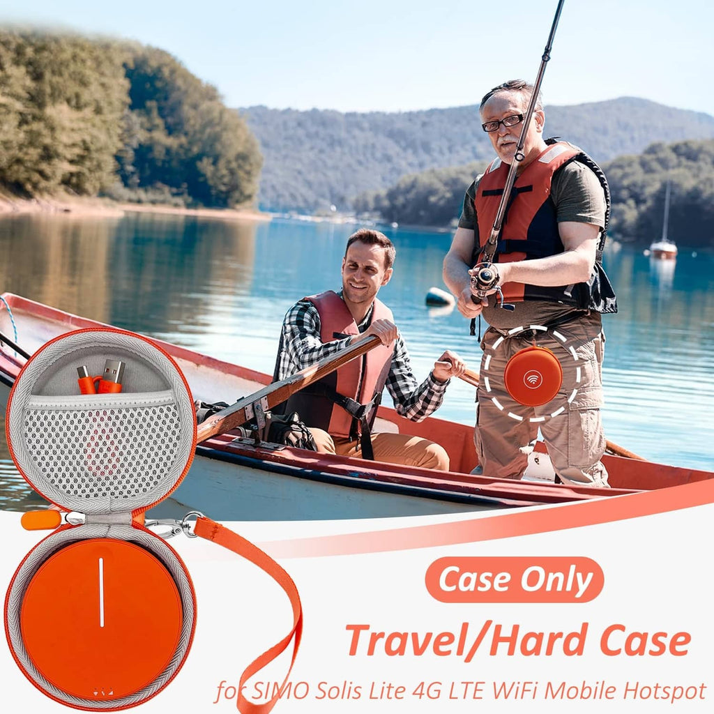 Orange round WiFi hotspot carrying case with gray zipper lining and attached carrying strap