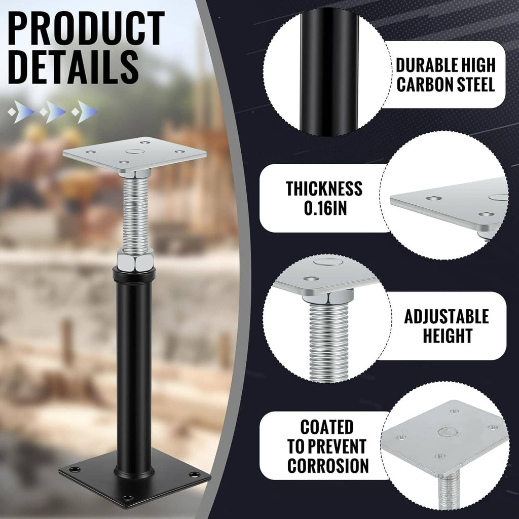 Adjustable screw jack post with black body, threaded rod, and silver square top plate