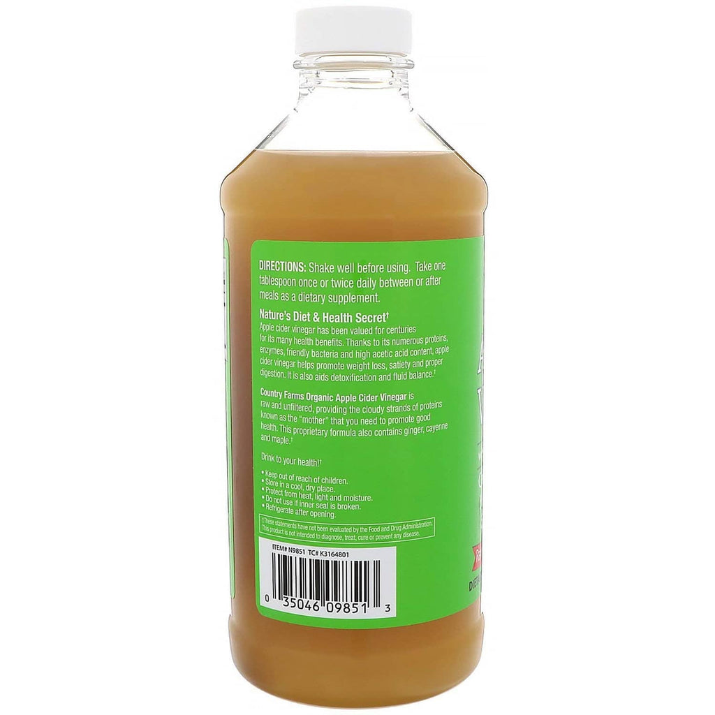 Organic apple cider vinegar tonic bottle with back label and green ingredient text