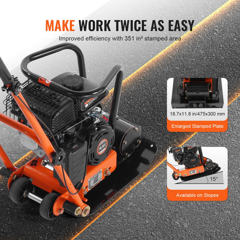 Orange plate compactor with black engine cover and stamped front plate detail
