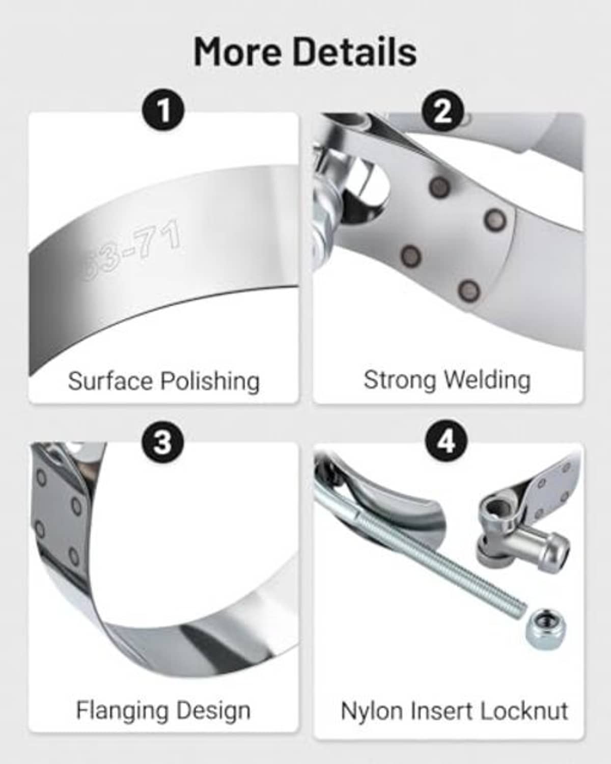 T-bolt hose clamp features: polished band, strong welding, flanged design, nylon insert