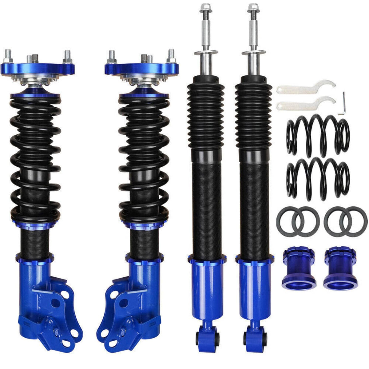 Adjustable coilover struts set with blue mounts, black springs, and hardware pieces
