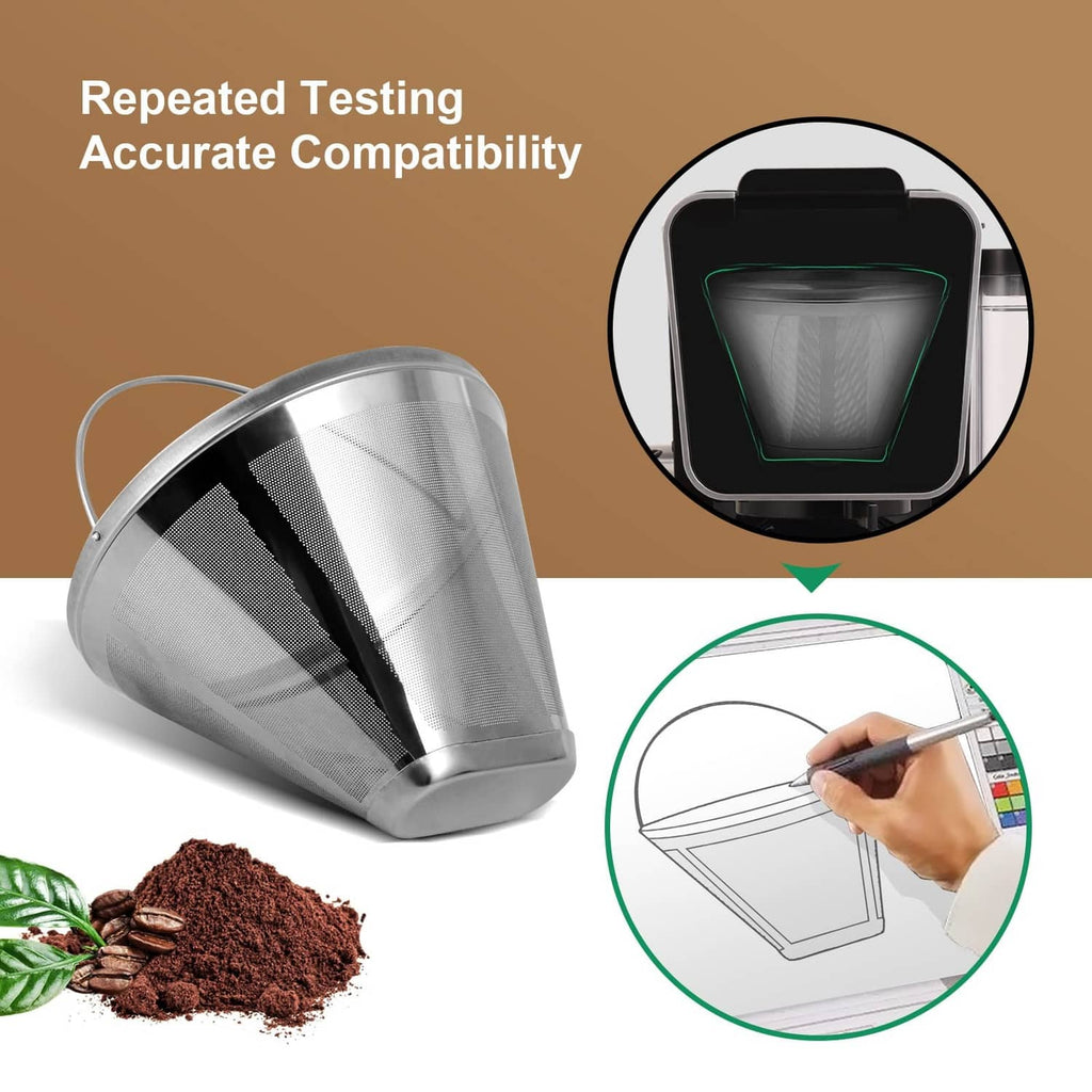 Reusable stainless steel coffee filter cone with fine mesh and cleaning tool
