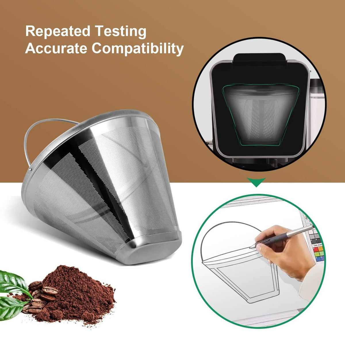 Reusable stainless steel coffee filter cone with fine mesh and cleaning tool