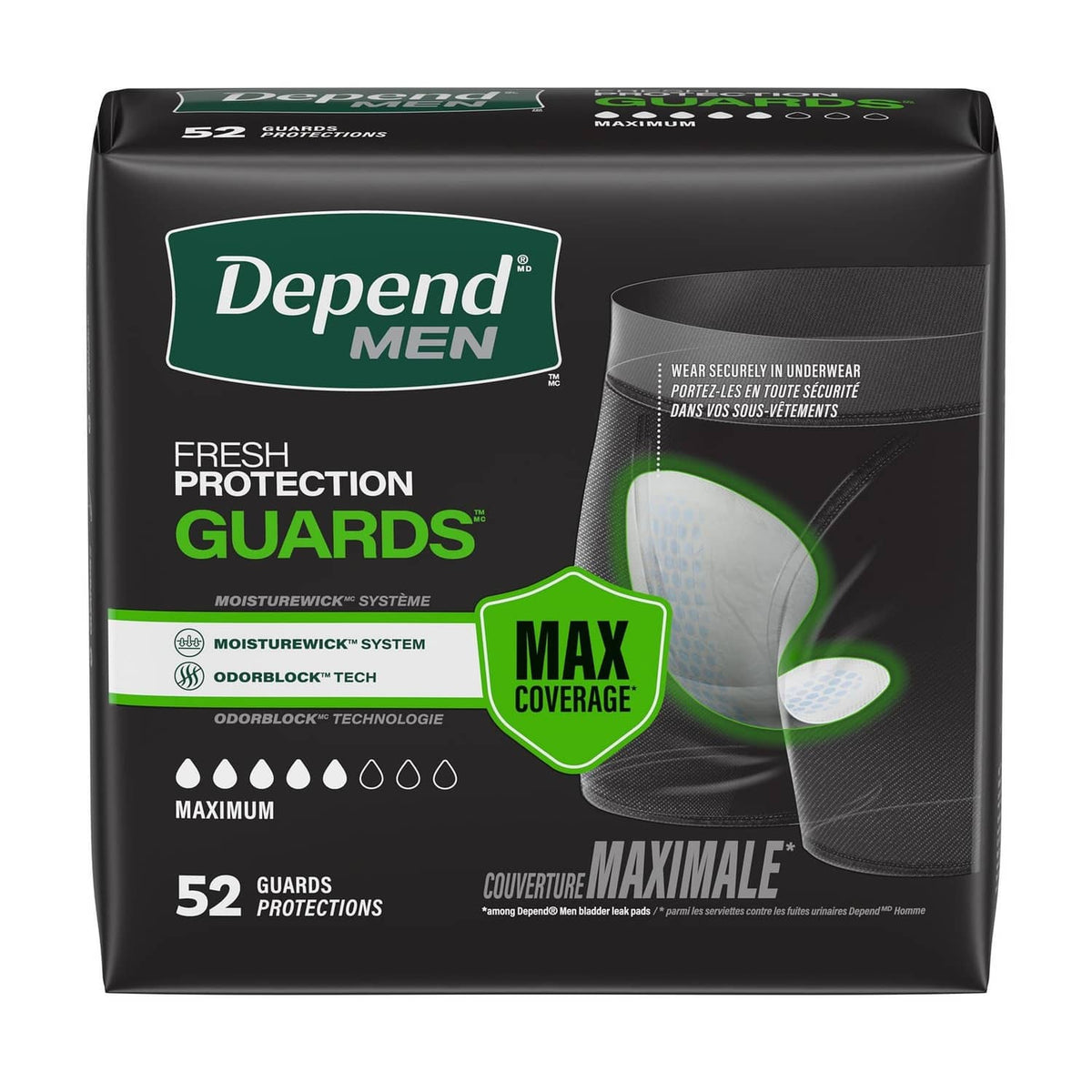Incontinence guards for men in dark packaging with green Fresh Protection design