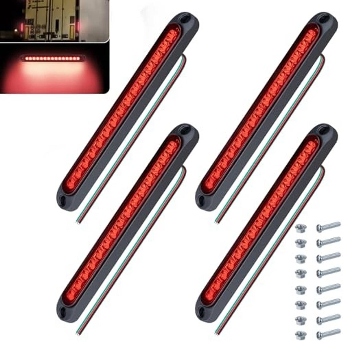 Four red LED trailer tail light bars, black housings, with mounting screws included