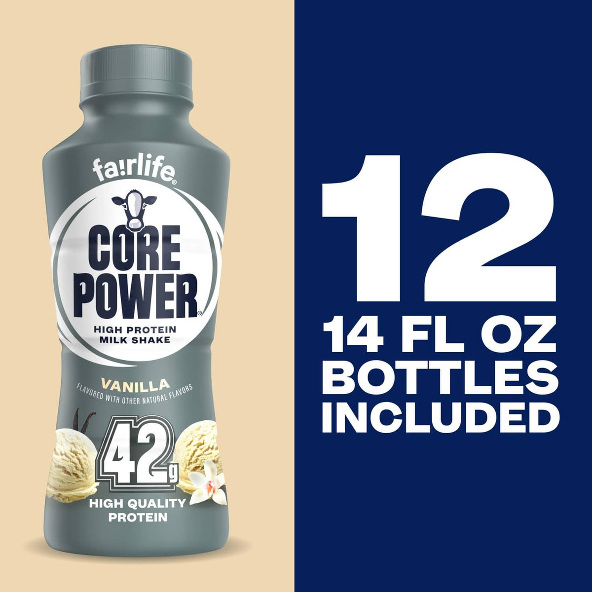 Vanilla protein shake bottle showing 12-pack and 14 fl oz bottles included