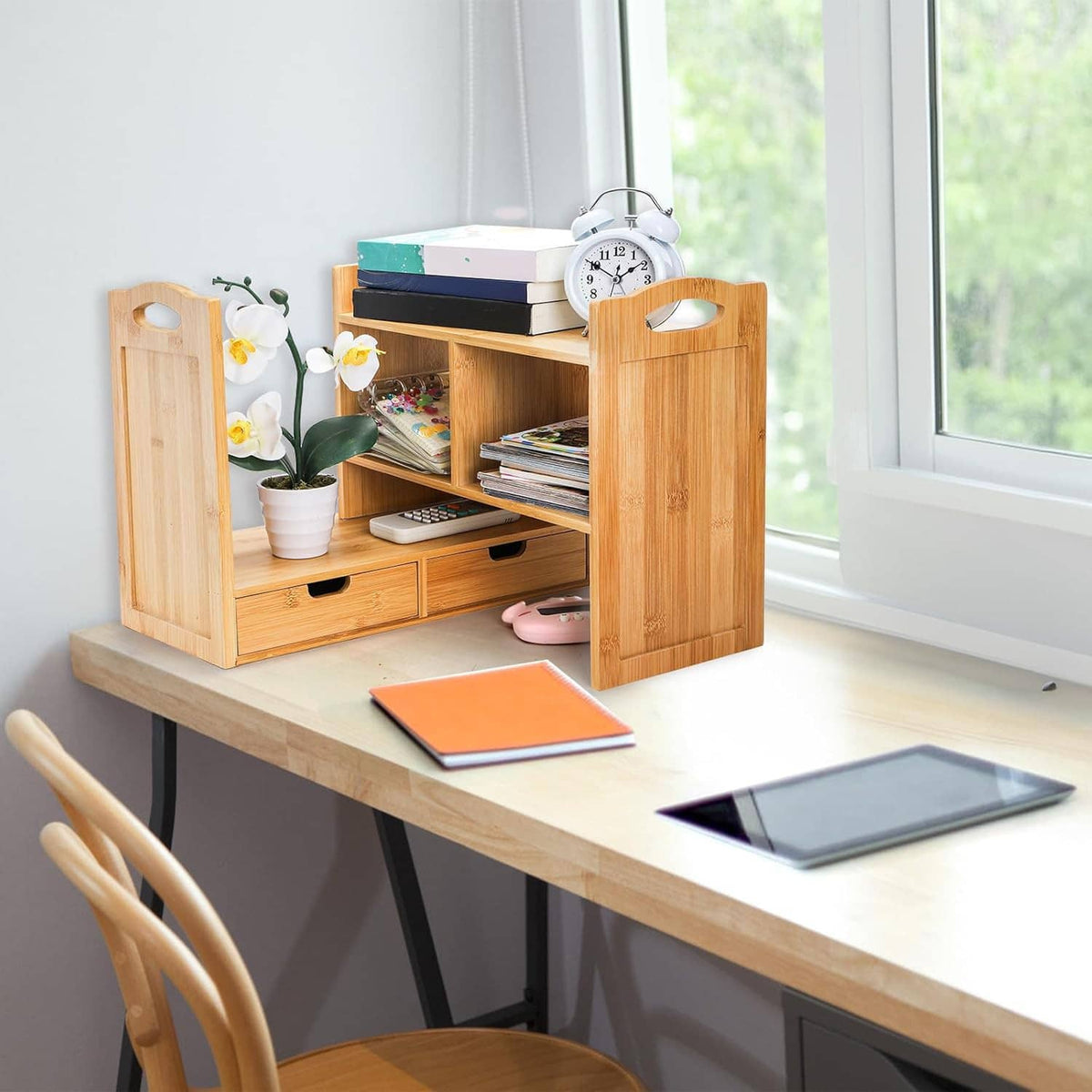 Bamboo expandable desktop bookshelf with open shelves and front drawer storage