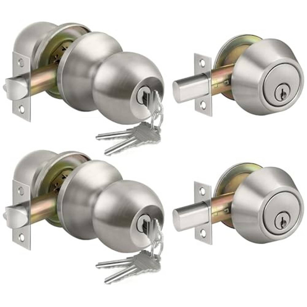 Satin nickel door knob and deadbolt lockset set with keys, front and side views