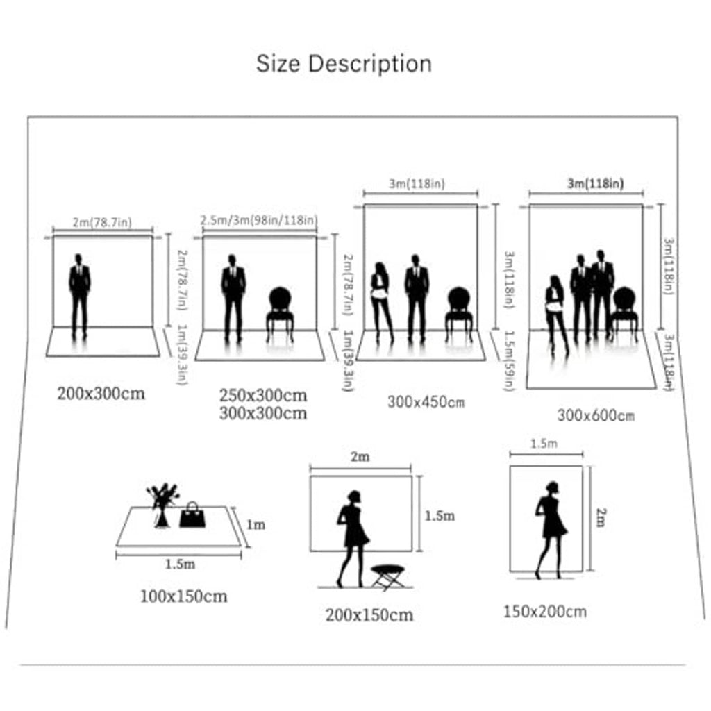 Photography backdrop size description chart with measurement diagrams
