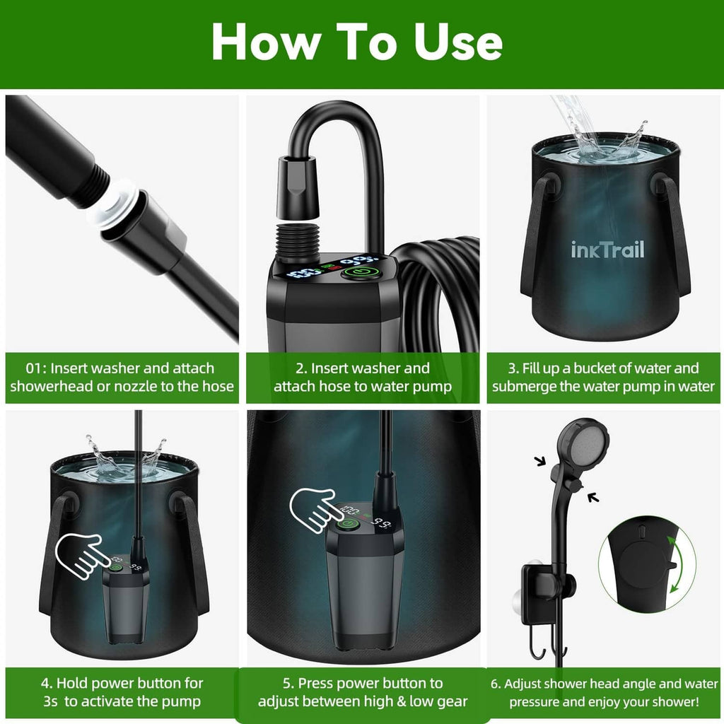 Portable shower heater with hose and bucket assembly steps, including adjustable showerhead angle