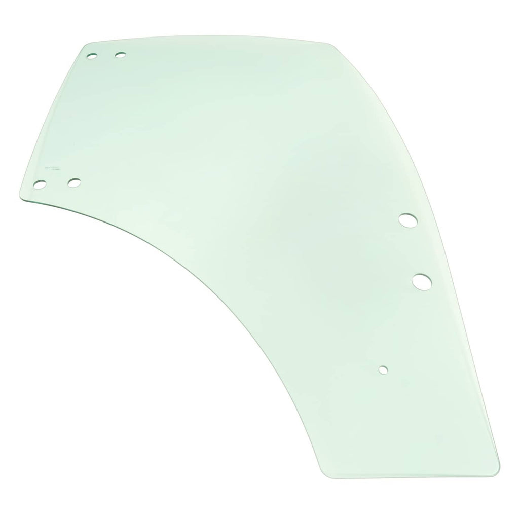 Right side cab door glass panel, angled view, with mounting holes