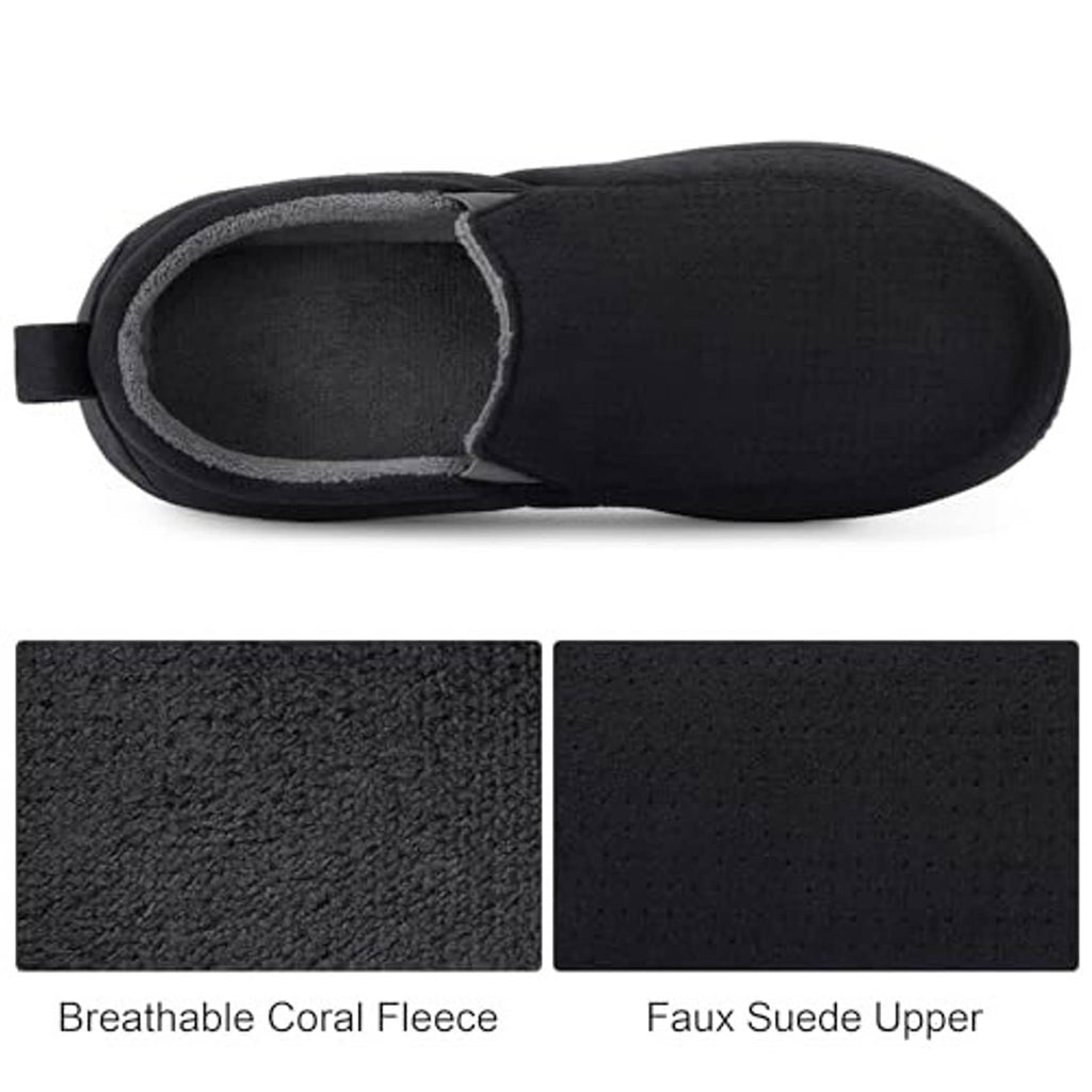 Black closed-back slipper showing plush interior lining and faux suede upper texture.