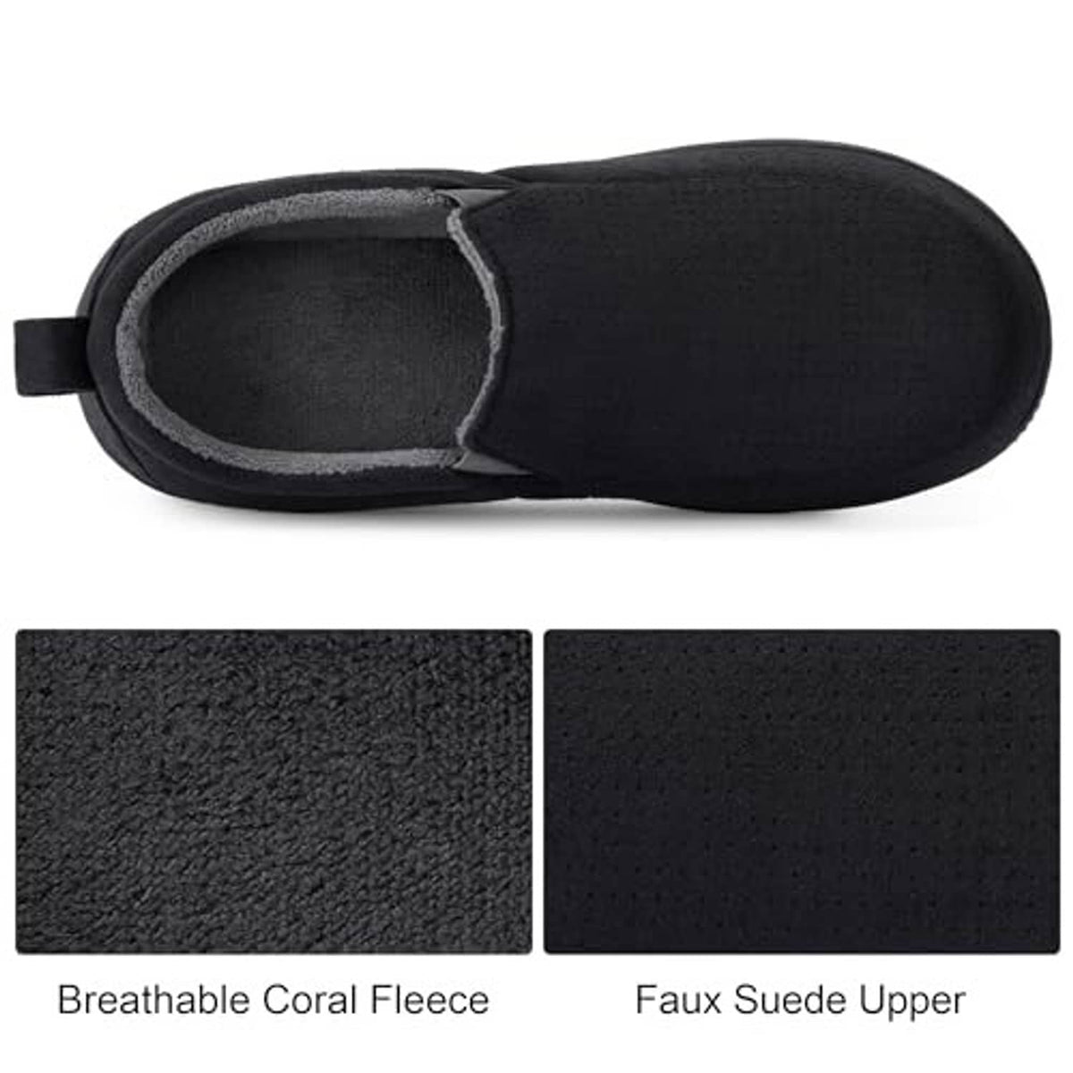 Black closed-back slipper showing plush interior lining and faux suede upper texture.