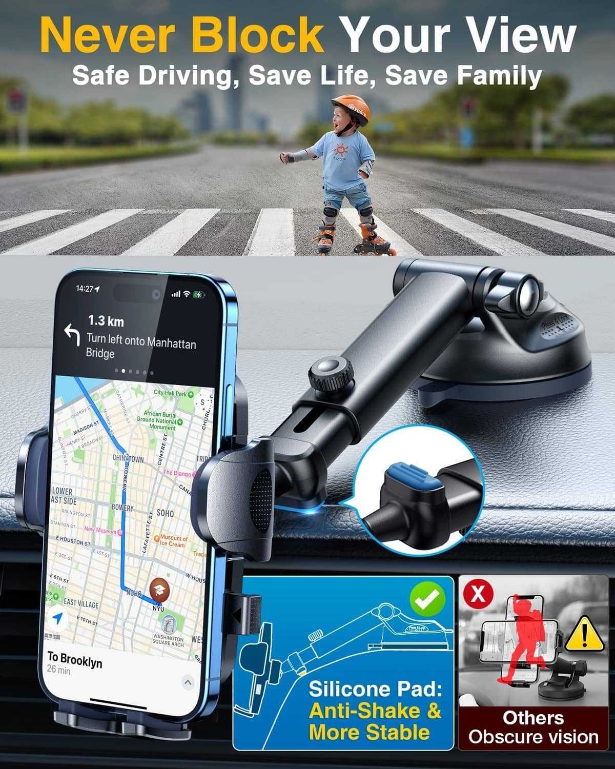 Black car phone holder mount on dashboard gripping a smartphone in landscape