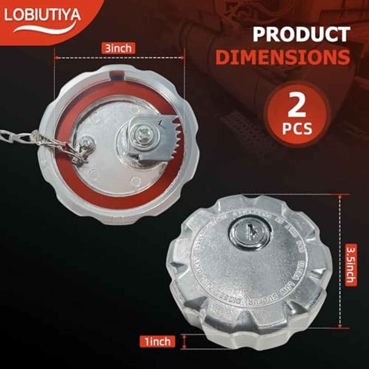 2 pack diesel fuel tank cap gaskets: two silver caps with red gasket rings, chain attached.